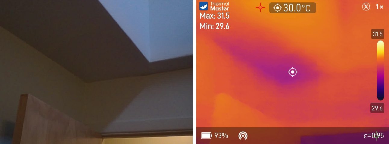 Photo ordinaire et image thermique côte à côte d'un puits de lanterneau, avec une zone plus froide visible sur l'image thermique